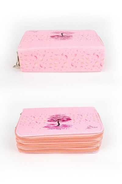 Sakura Themed Three-Compartment Vegan Leather Pencil Case - 3