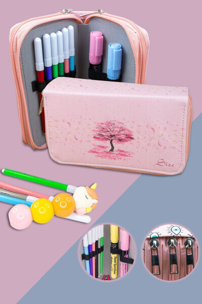 Sakura Themed Three-Compartment Vegan Leather Pencil Case - SIZE
