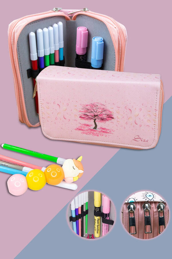 Sakura Themed Three-Compartment Vegan Leather Pencil Case - 7