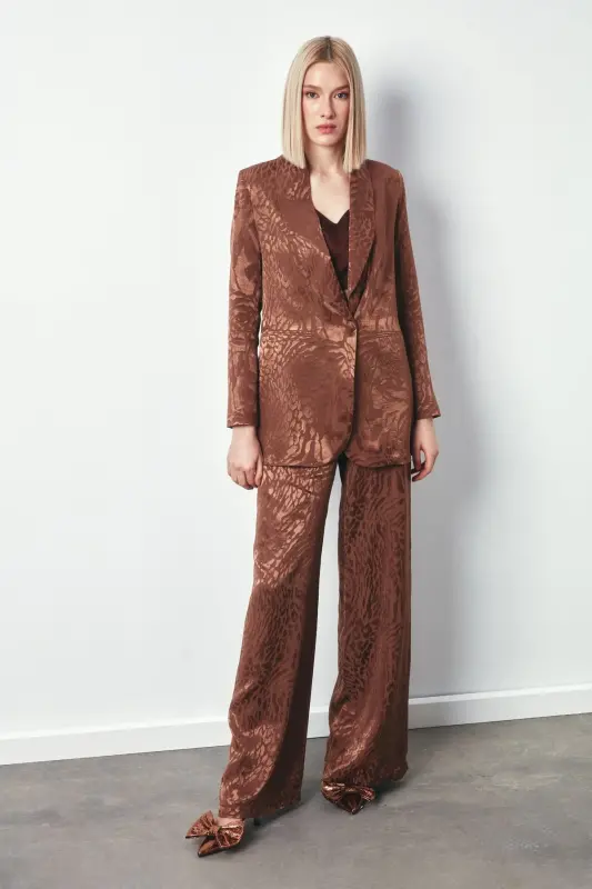 Şal Yaka Desenli Ceket - Kahve-KAHVE - 3