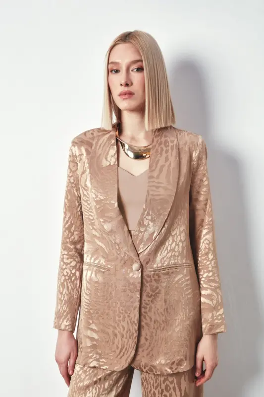 Şal Yaka Desenli Ceket - Vizon-VİZON - 1