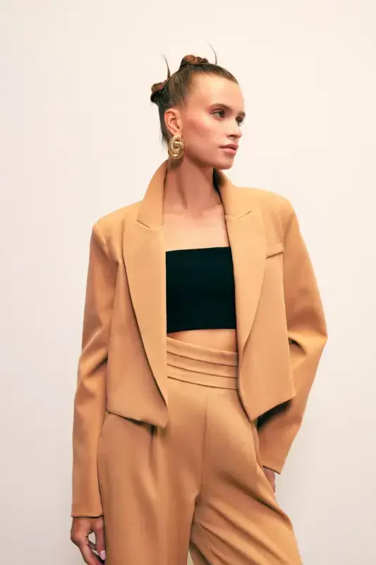 Şal Yaka Kısa Ceket - Camel-CAMEL - 2
