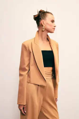 Şal Yaka Kısa Ceket - Camel-CAMEL - 4