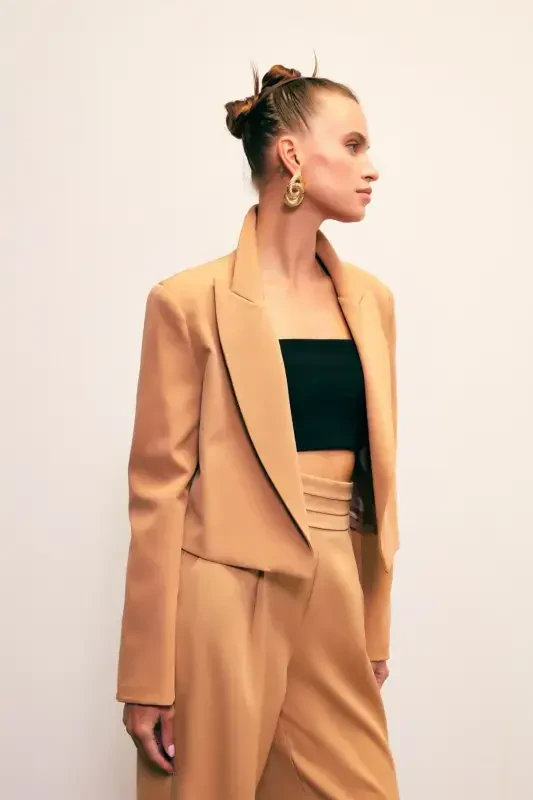 Şal Yaka Kısa Ceket - Camel-CAMEL - 4