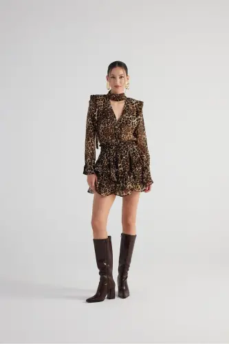 Şal Yakalı Leopar DesenliKaiaGömlek Kahve - Kahve - 10