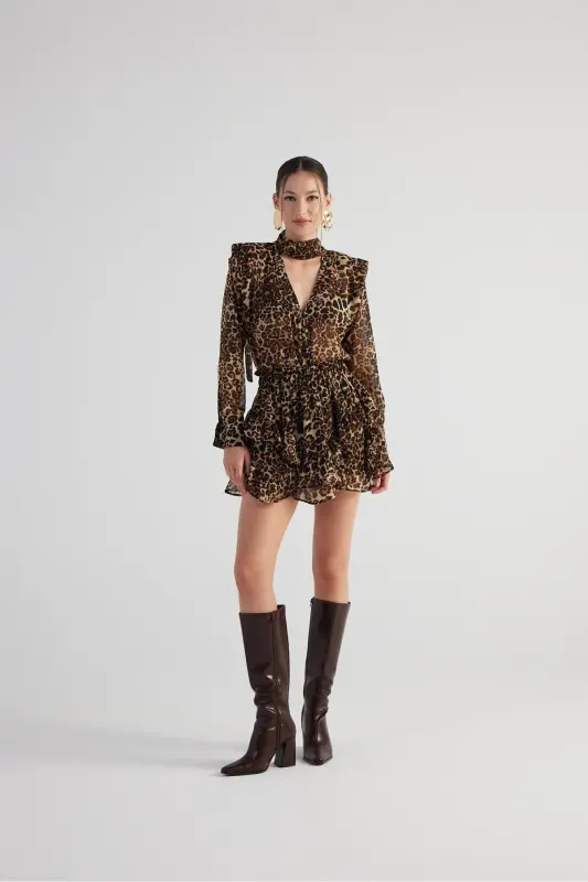 Şal Yakalı Leopar DesenliKaiaGömlek Kahve - Kahve - 3