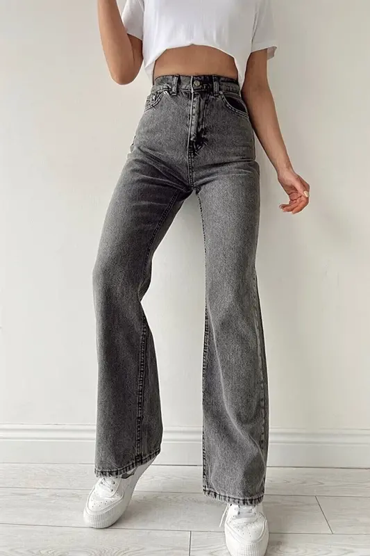 Salaş Kot Pantolon Füme Kar Likralı Palazzo Bol Paça Jeans-fümee3344 - 1