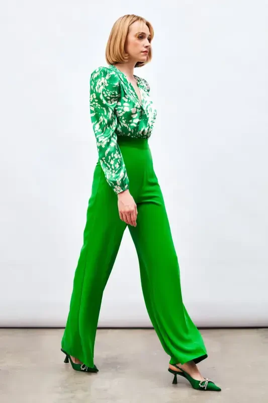 Salaş Krep Pantolon - Yeşil-YEŞİL - SATEEN