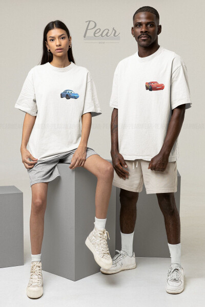 Sally & Mcqueen Cars Baskılı 2'li Tişört Sevgili Unisex Çift Oversize T-shirt-Beyaz 