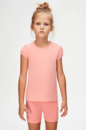 Salmon Basic Girls Crew Neck Watermelon Sleeve T-Shirt - FLAMINGO PINK - 3