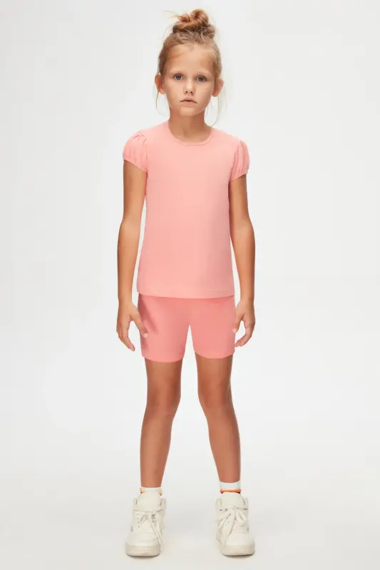 Salmon Basic Girls Zero Neck Watermelon Sleeve T-Shirt-FLAMINGO PINK - 1
