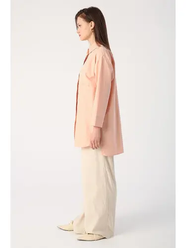 Salmon Big Pocket Eyelet Oversize Shirt-Pink - 3