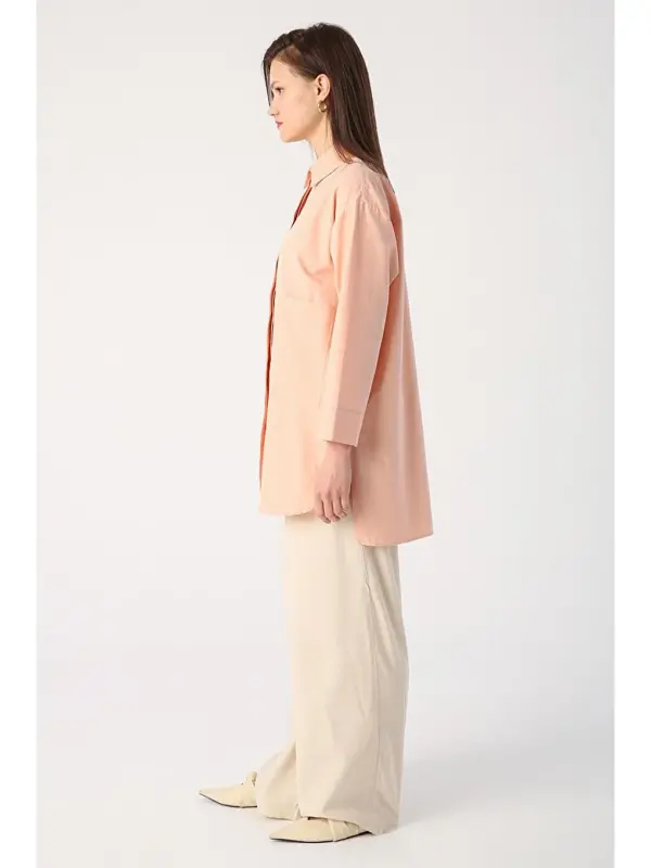 Salmon Big Pocket Eyelet Oversize Shirt-Pink - 3