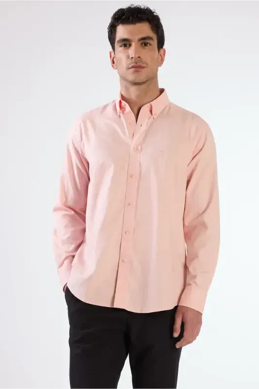 Salmon Rangli Erkaklar Uchun Regular Fit Oxford Brent Tugmachali Yoqa Uzun Yengli Ko'ylak - 94837 - DUFY