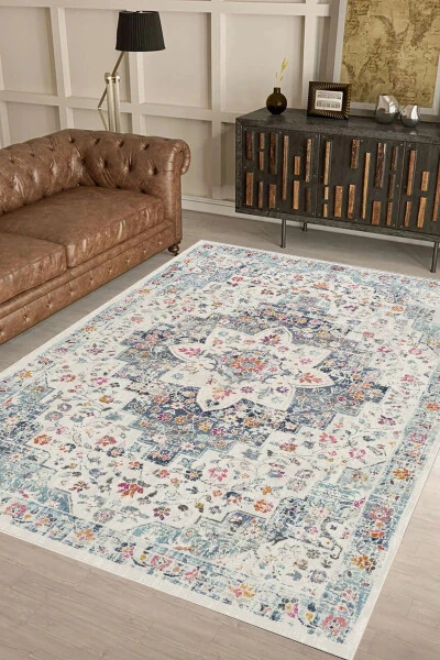 Salon Halısı Geometrik İskandinav Eskitmeli Dijital Baskı Yıkanabilir Kaymaz Taban 8086SALON - Hülya Home