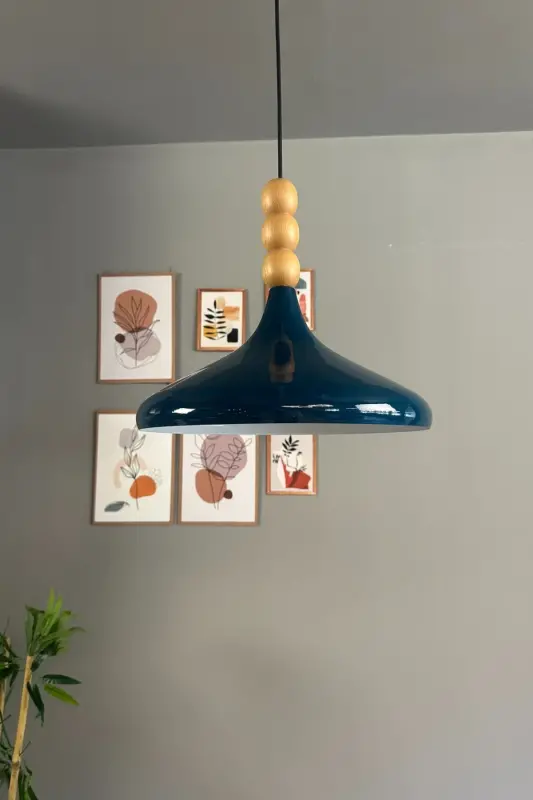 Champion Gece Mavisi Ahşap Üç Boncuk Başlık Tekli Avize Sarkıt Salon Mutfak Butik Lamba Aydınlatma-Gece Mavisi - 1
