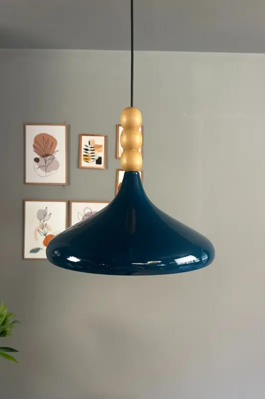 Champion Gece Mavisi Ahşap Üç Boncuk Başlık Tekli Avize Sarkıt Salon Mutfak Butik Lamba Aydınlatma-Gece Mavisi - 2