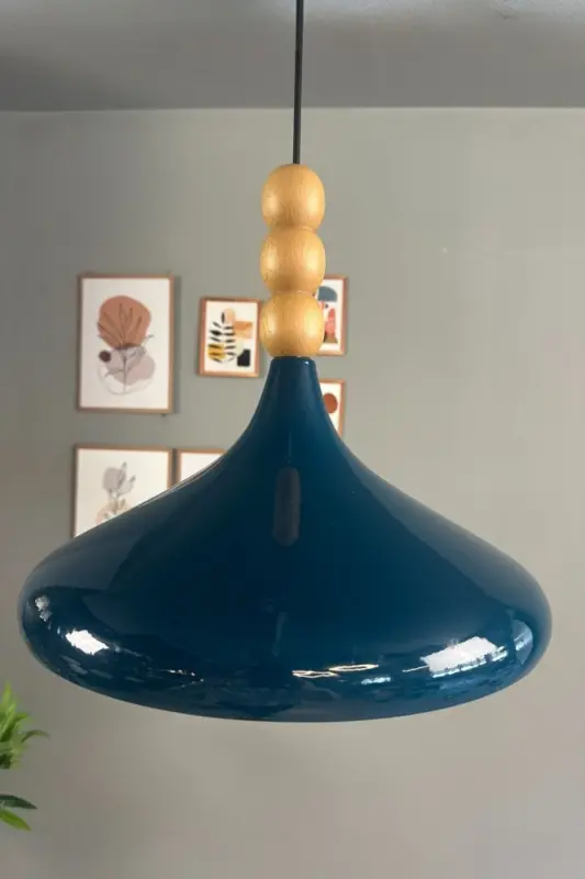 Champion Gece Mavisi Ahşap Üç Boncuk Başlık Tekli Avize Sarkıt Salon Mutfak Butik Lamba Aydınlatma-Gece Mavisi - 3