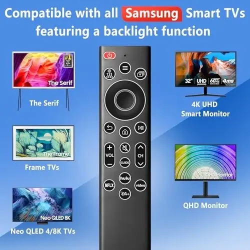 Backlit Replacement Remote for Samsung Smart TV –No Setup, Instant Response | Soft glow buttons for dark use, compatible with Samsung TVs, IR no pairing, 2xAAA (not incl), 1-yr warranty. - 4