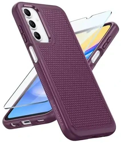 FNTCASE for Samsung Galaxy A15-5G Case: Dual Layer Protective Heavy Duty Cell Phone Cover Shockproof Rugged with Non Slip Textured Back - Military Protection Bumper Tough - 2024, 6.5inch Burgundy 