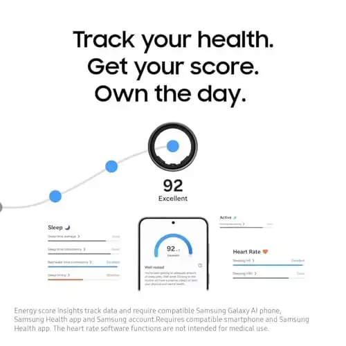 SAMSUNG Galaxy Ring, AI Smart Ring, Hajmi Birinchi o'lchamli to'plam bilan, Ilova Obunasi yo'q, Fitness Monitori, Uyqu kuzatuvchisi, 7 kungacha batareya, 14-o'lcham, Titan qora [AQSh versiyasi, 1 yillik ishlab chiqaruvchi kafolati] - 6