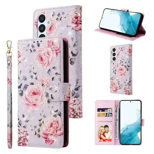 UEEBAI Wallet Case for Samsung Galaxy S23 5G, PU Leather Phone Case Kickstand RFID Blocking Flip Case with Card Slots Wrist Strap Relief Engraved Pattern Magnetic Closure Folio Case - Purple Rose - 1