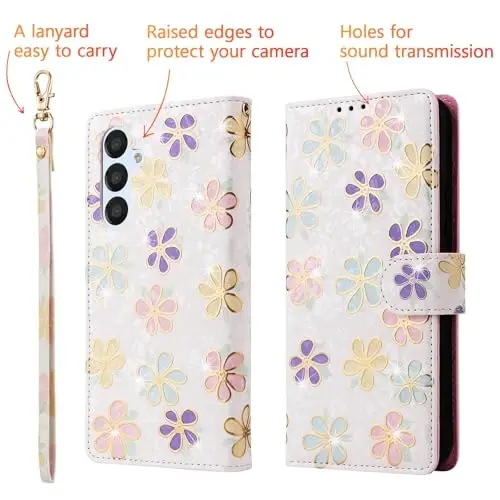 UEEBAI Wallet Case for Samsung Galaxy S23 5G, PU Leather Phone Case Kickstand RFID Blocking Flip Case with Card Slots Wrist Strap Relief Engraved Pattern Magnetic Closure Folio Case - White Daisy - 5