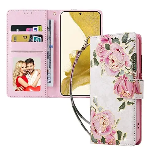 UEEBAI Wallet Case for Samsung Galaxy S23 5G, PU Leather Phone Case Kickstand RFID Blocking Flip Case Card Slots Wrist Strap Relief Engraved Pattern Magnetic Closure Flower Folio Case, White Rose - 6