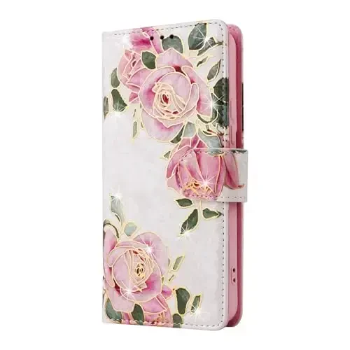 UEEBAI Wallet Case for Samsung Galaxy S23 5G, PU Leather Phone Case Kickstand RFID Blocking Flip Case Card Slots Wrist Strap Relief Engraved Pattern Magnetic Closure Flower Folio Case, White Rose 