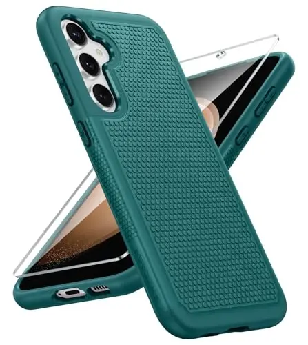 Samsung Galaxy S23-FE uchun FNTCASE g'ilofi: Ikki qavatli himoya, og'ir yuk ko'taruvchi mobil telefon qopqog'i, mustahkam to'liq tanani tushishdan himoya qiluvchi harbiy darajadagi zarbga chidamli telefon qutisi (to'q yashil) 