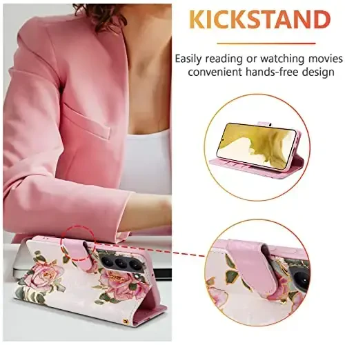 UEEBAI Wallet Case for Samsung Galaxy S23 Plus 5G, PU Leather Case Kickstand RFID Blocking Flip Case Card Slots Wrist Strap Relief Engraved Pattern Magnetic Closure Flower Folio Case, White Rose - 3