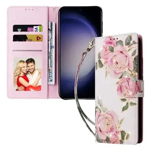 UEEBAI Wallet Case for Samsung Galaxy S23 Plus 5G, PU Leather Case Kickstand RFID Blocking Flip Case Card Slots Wrist Strap Relief Engraved Pattern Magnetic Closure Flower Folio Case, White Rose - 6