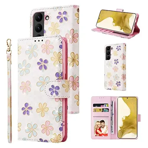 UEEBAI Wallet Case for Samsung Galaxy S23 Plus 5G, PU Leather Phone Case Kickstand RFID Blocking Flip Case Card Slots Wrist Strap Relief Engraved Pattern Magnetic Closure Folio Case - White Daisy 