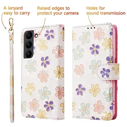 UEEBAI Wallet Case for Samsung Galaxy S23 Plus 5G, PU Leather Phone Case Kickstand RFID Blocking Flip Case Card Slots Wrist Strap Relief Engraved Pattern Magnetic Closure Folio Case - White Daisy - 5