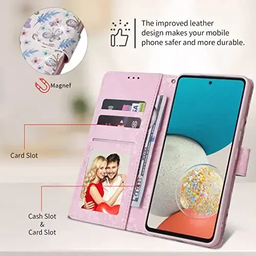 UEEBAI Wallet Case for Samsung Galaxy S23 Plus 5G, PU Leather Phone Case Kickstand RFID Blocking Flip Case with Card Slots Wrist Strap Relief Engraved Pattern Magnetic Closure Folio Case - Butterfly - 4