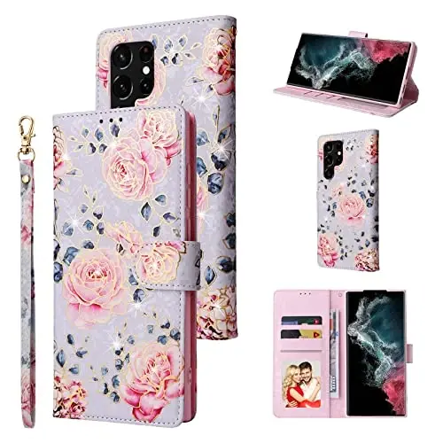 UEEBAI Wallet Case for Samsung Galaxy S23 Ultra 5G, PU Leather Phone Case Kickstand RFID Blocking Flip Case Card Slots Wrist Strap Relief Engraved Pattern Magnetic Closure Folio Case - Purple Rose - 1