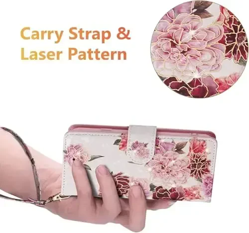 UEEBAI Wallet Case for Samsung Galaxy S23 Ultra 5G, PU Leather Phone Case Kickstand RFID Blocking Flip Case with Card Slots Wrist Strap Relief Engraved Magnetic Closure Folio Case - White Flower - 6