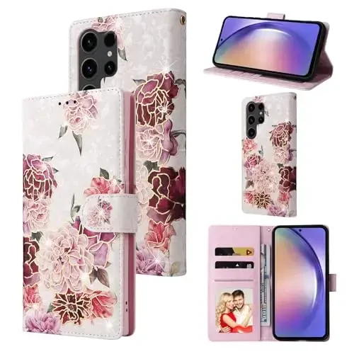 UEEBAI Wallet Case for Samsung Galaxy S23 Ultra 5G, PU Leather Phone Case Kickstand RFID Blocking Flip Case with Card Slots Wrist Strap Relief Engraved Magnetic Closure Folio Case - White Flower - UEEBAI