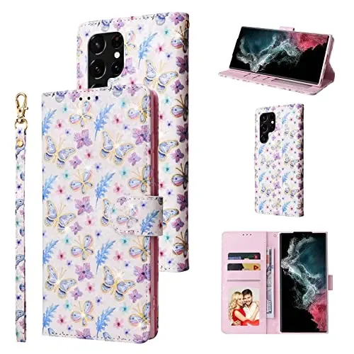 UEEBAI Wallet Case for Samsung Galaxy S23 Ultra 5G, PU Leather Phone Case Kickstand RFID Blocking Flip Case with Card Slots Wrist Strap Relief Engraved Pattern Magnetic Closure Folio Case - Butterfly - 1
