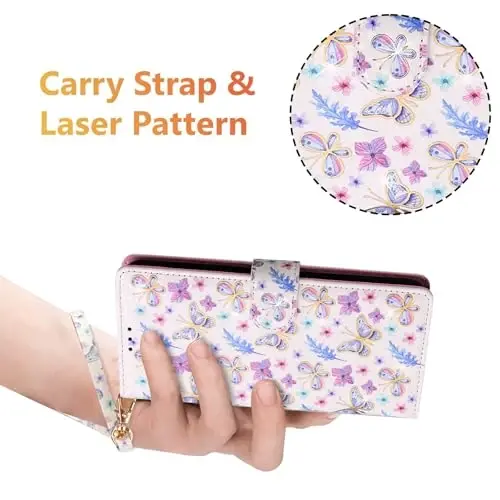 UEEBAI Wallet Case for Samsung Galaxy S23 Ultra 5G, PU Leather Phone Case Kickstand RFID Blocking Flip Case with Card Slots Wrist Strap Relief Engraved Pattern Magnetic Closure Folio Case - Butterfly - 6