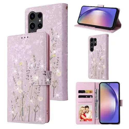 UEEBAI Wallet Case for Samsung Galaxy S23 Ultra 5G, PU Leather Phone Case Kickstand RFID Blocking Flip Case with Card Slots Wrist Strap Relief Engraved Magnetic Closure Folio Case - Pansy - 1