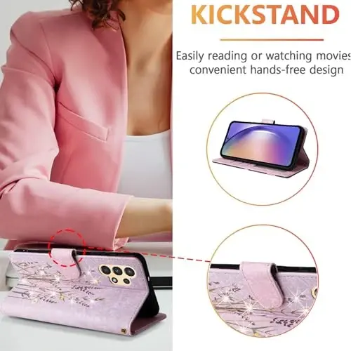 UEEBAI Wallet Case for Samsung Galaxy S23 Ultra 5G, PU Leather Phone Case Kickstand RFID Blocking Flip Case with Card Slots Wrist Strap Relief Engraved Magnetic Closure Folio Case - Pansy - 3