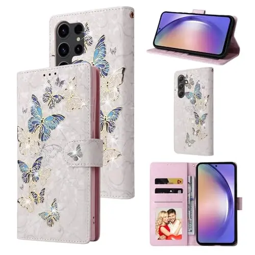 UEEBAI Wallet Case for Samsung Galaxy S23 Ultra 5G, PU Leather Phone Case Kickstand RFID Blocking Flip Case with Card Slots Wrist Strap Relief Engraved Magnetic Closure Folio Case - Blue Butterfly - UEEBAI