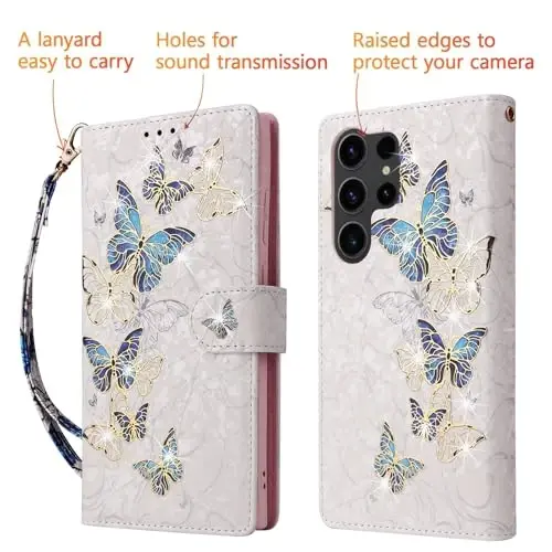 UEEBAI Wallet Case for Samsung Galaxy S23 Ultra 5G, PU Leather Phone Case Kickstand RFID Blocking Flip Case with Card Slots Wrist Strap Relief Engraved Magnetic Closure Folio Case - Blue Butterfly - 5