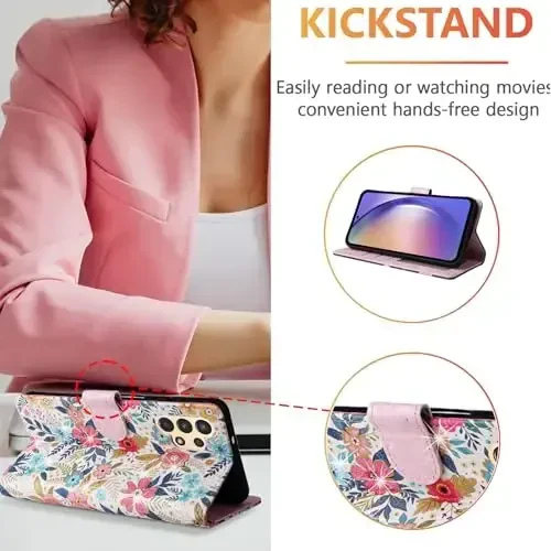 UEEBAI Wallet Case for Samsung Galaxy S23 Ultra 5G, PU Leather Phone Case Kickstand RFID Blocking Flip Case with Card Slots Wrist Strap Relief Engraved Magnetic Closure Folio Case - Multi-Flower - 3