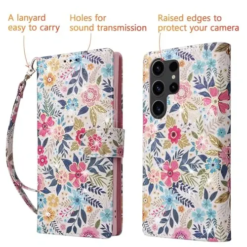 UEEBAI Wallet Case for Samsung Galaxy S23 Ultra 5G, PU Leather Phone Case Kickstand RFID Blocking Flip Case with Card Slots Wrist Strap Relief Engraved Magnetic Closure Folio Case - Multi-Flower - 5