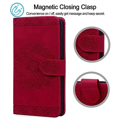 Rosbtib Flip Case for Samsung Galaxy S23 Ultra 6.8 Inch Cover, Durable PU Leather Shockproof Case with Magnetic Clasp Wallet Phone Cover for Galaxy S23 Ultra - Mandala Red - 5