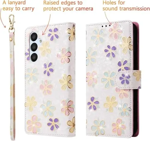 UEEBAI Wallet Case for Samsung Galaxy S24 5G, PU Leather Phone Case Kickstand RFID Blocking Flip Case Card Slots Wrist Strap Relief Engraved Pattern Magnetic Closure Folio Case - White Daisy - 3