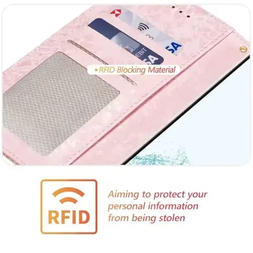 UEEBAI Wallet Case for Samsung Galaxy S24 5G, PU Leather Phone Case Kickstand RFID Blocking Flip Case Card Slots Wrist Strap Relief Engraved Pattern Magnetic Closure Folio Case - White Daisy - 5