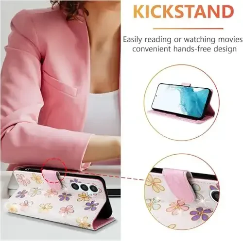 UEEBAI Wallet Case for Samsung Galaxy S24 5G, PU Leather Phone Case Kickstand RFID Blocking Flip Case Card Slots Wrist Strap Relief Engraved Pattern Magnetic Closure Folio Case - White Daisy - 2